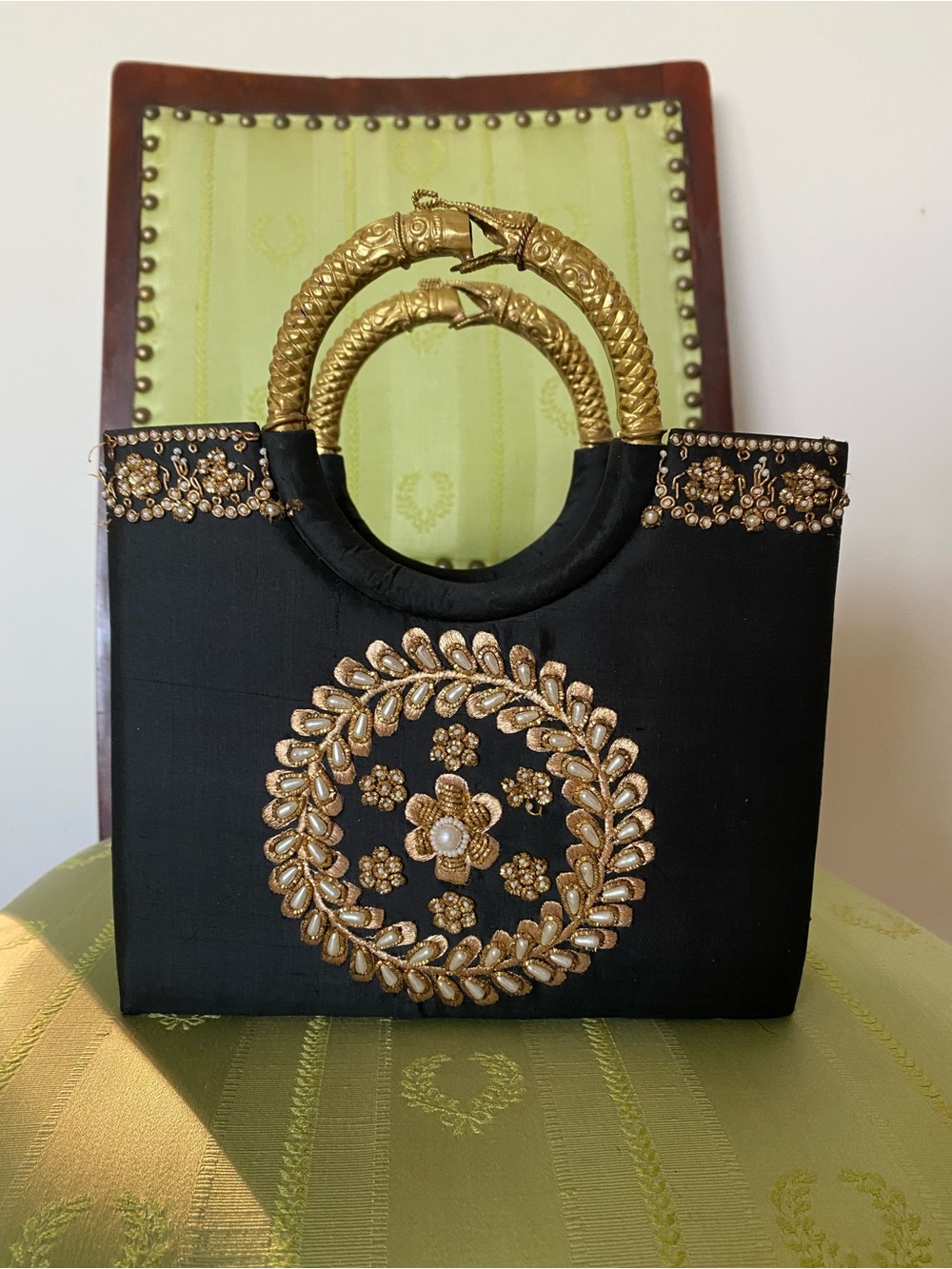Vintage Bangle Black Gold Embroidered Beaded Silk Bag India Boho Zardozi Regal